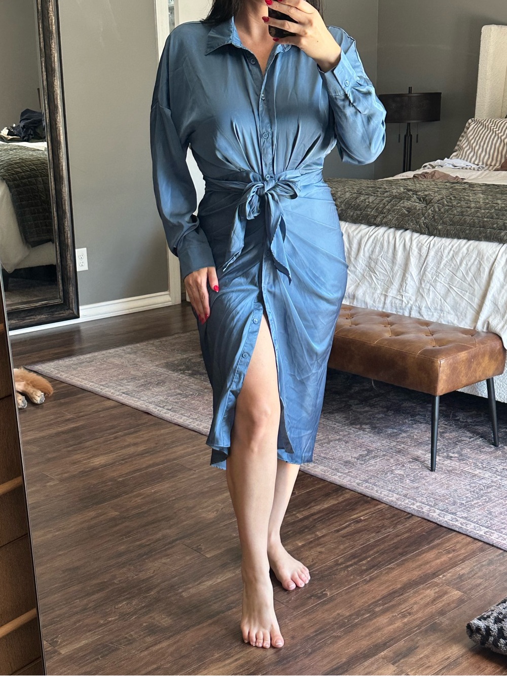 DO+BE Dusty Blue Button-Front Tie-Waist Midi Shirt Dress